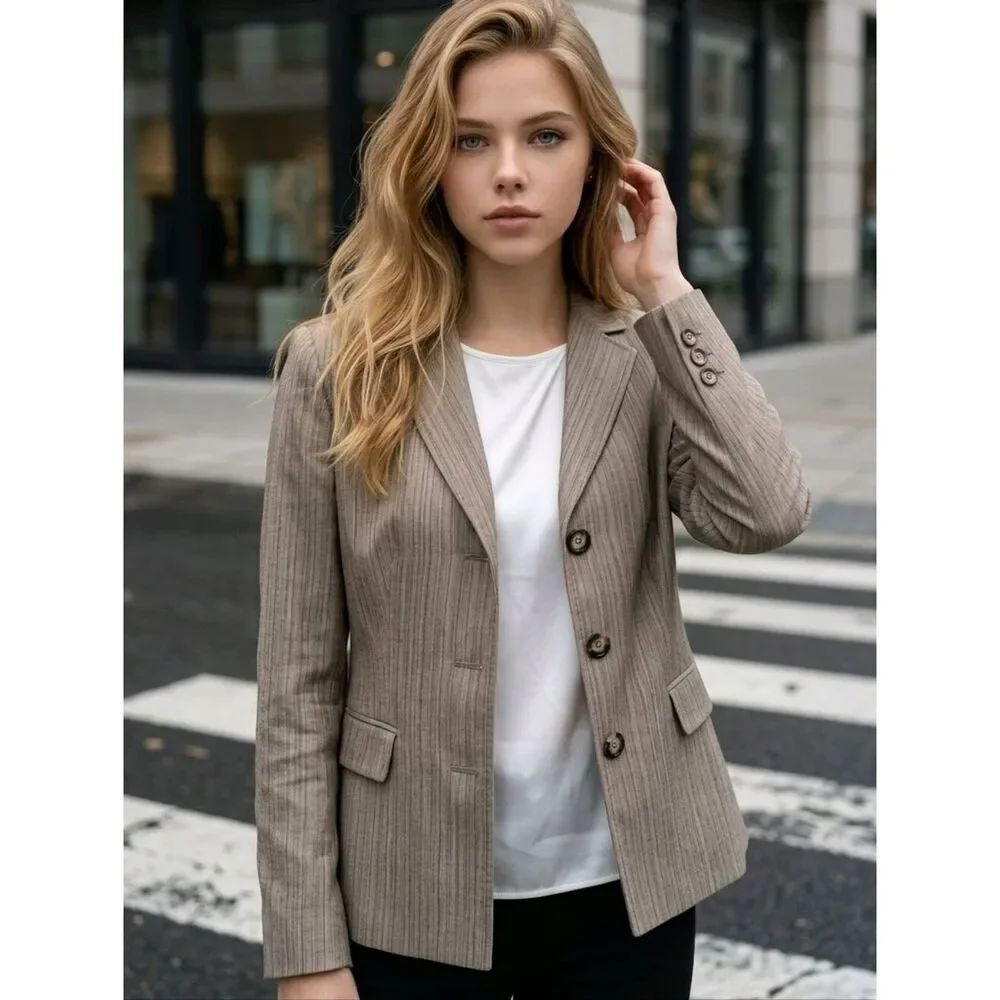 Women's Kasper Petite Tan Twill Blazer Suit Jacket Career Office PS Small Classy